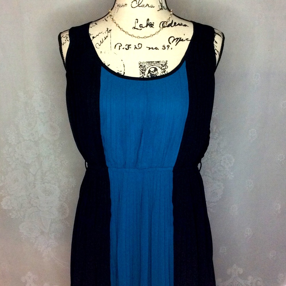 Double Zero Black Blue Pleated Sleeveless Dress L